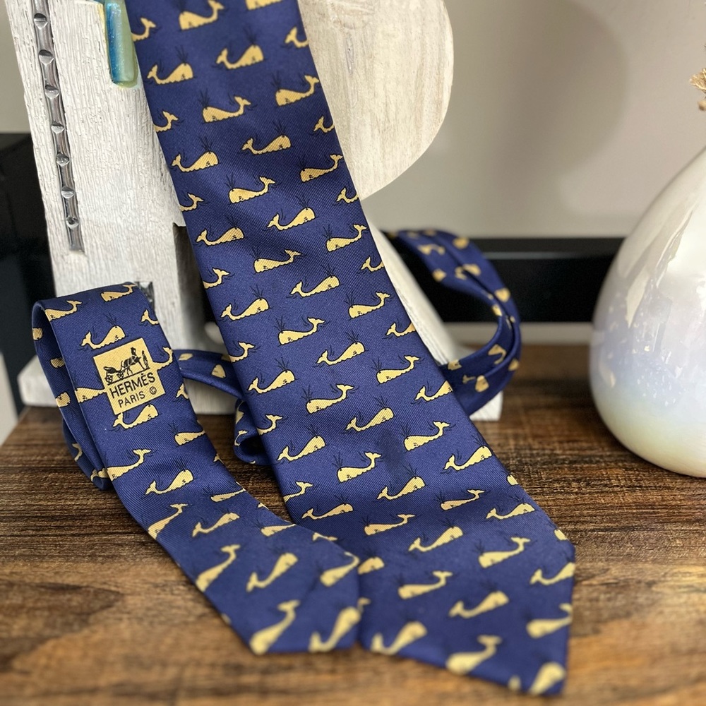 Hermès blue and yellow whale print silk tie